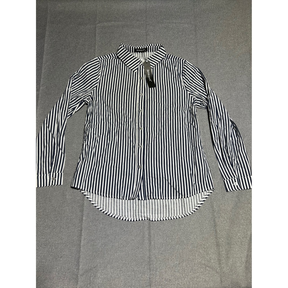 Allegra K Button Down Shirt Womens Medium Blue White Striped Long Sleeve Cotton